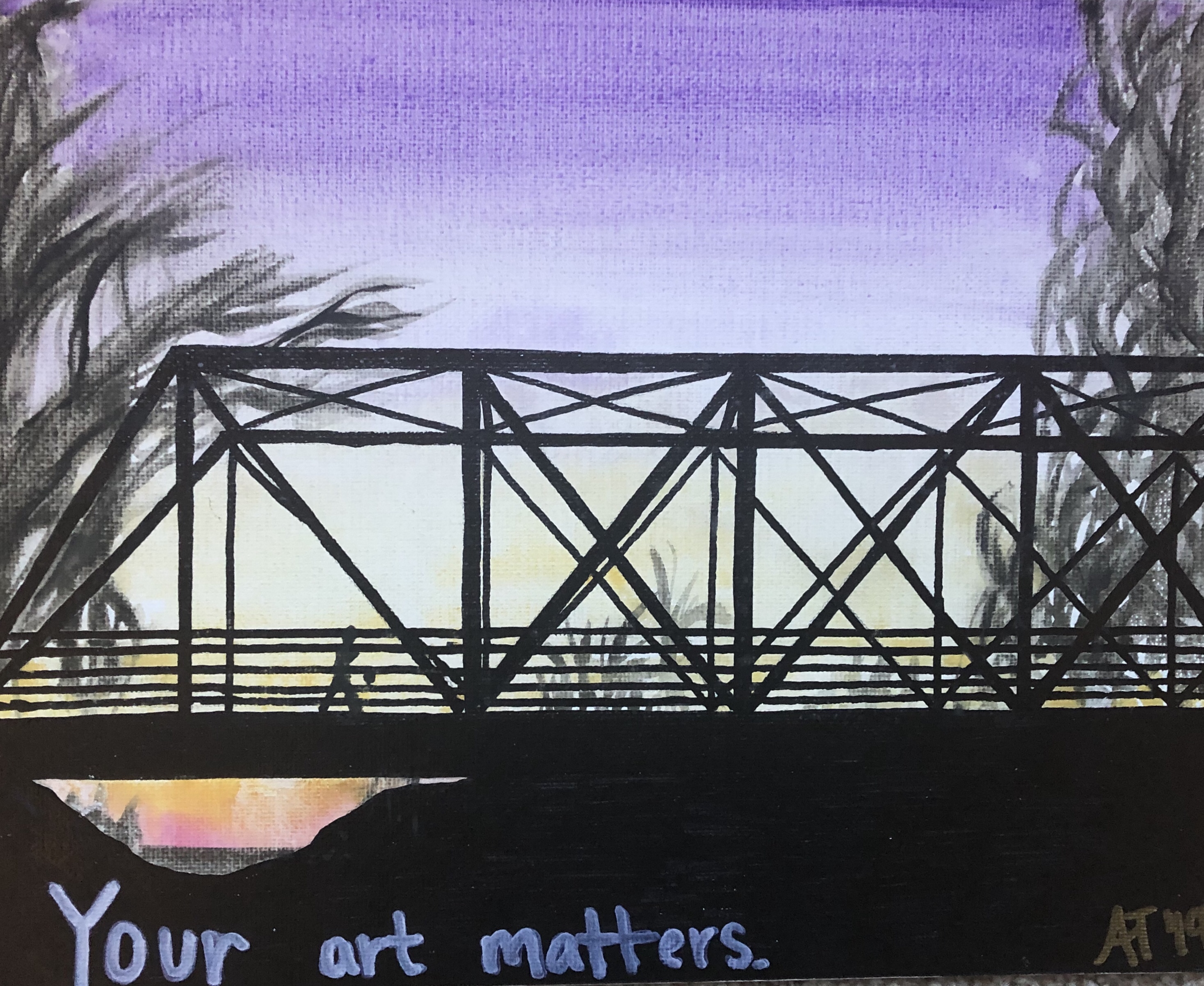 A silhouette of the famous one tree hill bridge with lucas scott walking across it bouncing a basketball with a deep purple sunset above it. Along the bottom the words "your art matters." are painted.