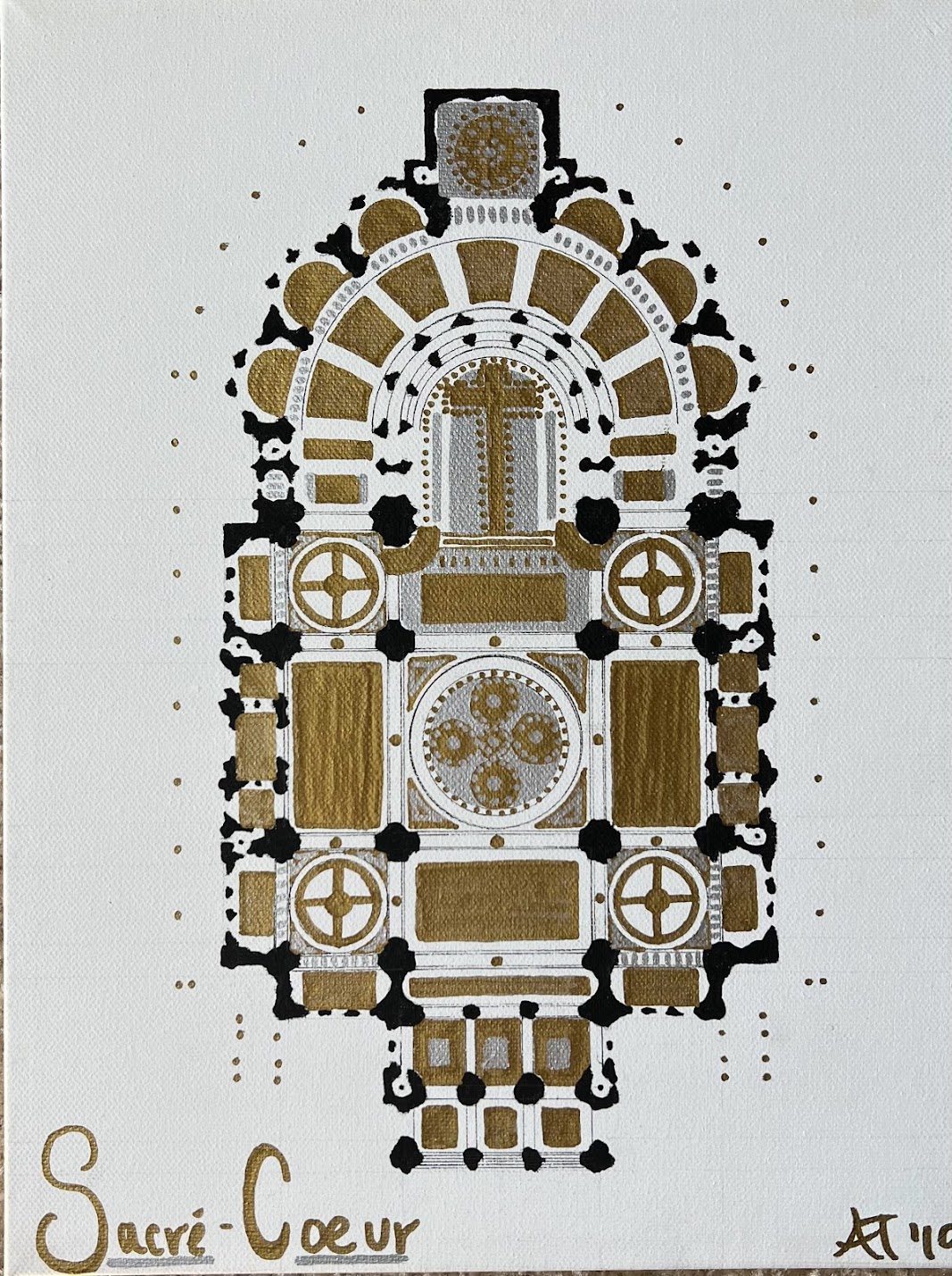 A floor plan diagram of Sacre Coeur church in France. It is done in a mix of gold, silver and black outlining the architectural symmetry of the famous building. Along the bottom is is labeled "Sacre Coeur"